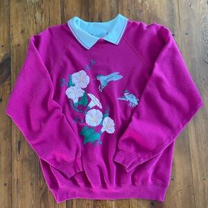 Morning Sun magenta sweatshirt with morning glories and hummingbirds, Large.